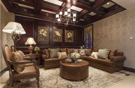 中式混搭客厅圆形褐色茶几室内装修效果图