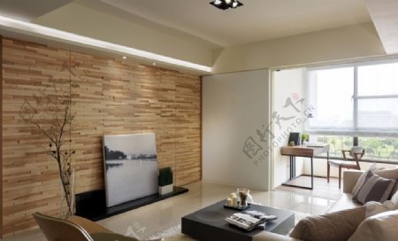 现代文艺客厅木制背景墙室内装修效果图