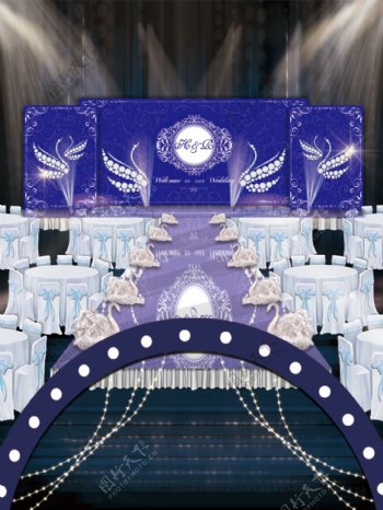 蓝色欧式花纹天鹅元素婚礼效果图设计