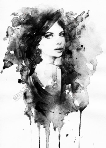 黑白水墨绘女性人物