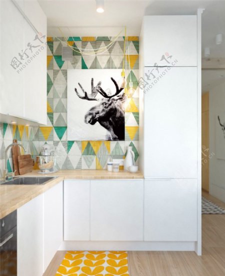 现代客厅厨房白色壁柜室内装修效果图