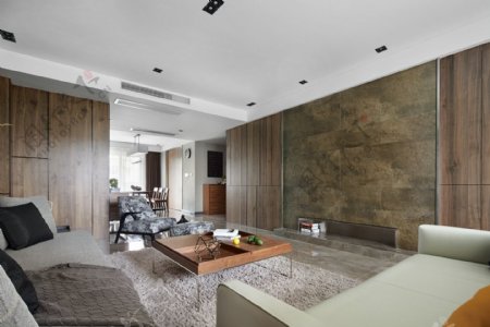 现代质感客厅深褐色花纹背景墙室内装修图