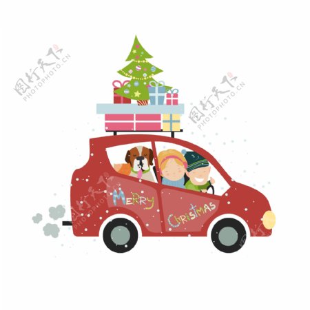 圣诞节家庭旅行汽车矢量元素