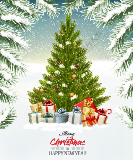 圣诞树和礼盒的圣诞背景