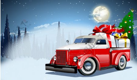 红色卡车与圣诞礼物矢量背景