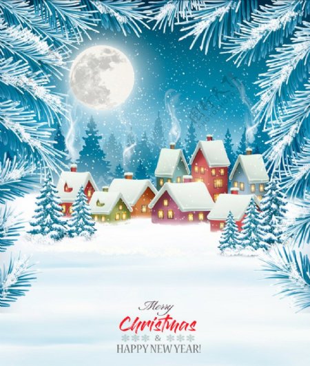 圣诞快乐的背景与冬日的乡村矢量海报