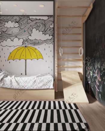 现代小清新卧室条纹地毯室内装修效果图