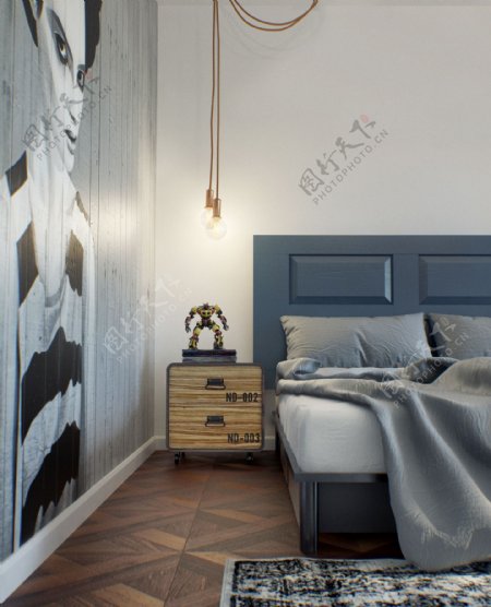 现代时尚卧室褐色长线吊灯室内装修效果图