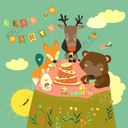 生日背景与快乐动物矢量图