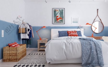 清新时尚卧室蓝色背景墙室内装修效果图