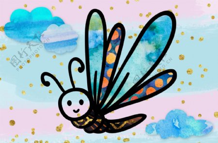 色彩繽紛鮮豔的蜻蜓装饰画PSD模板