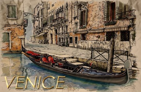 手绘威尼斯水城海报设计PSD模板