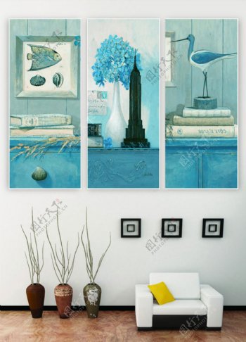 三联画地中海风格蓝色客厅装饰画