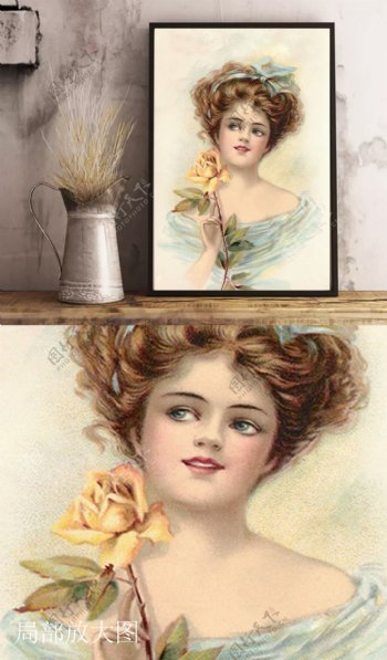 欧美复古手绘黄玫瑰女孩高清装饰画