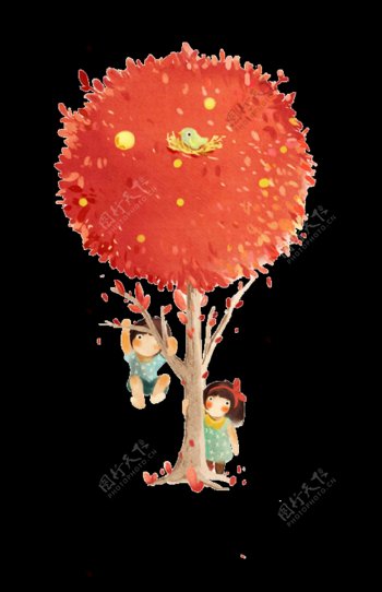 红色花树小孩图案