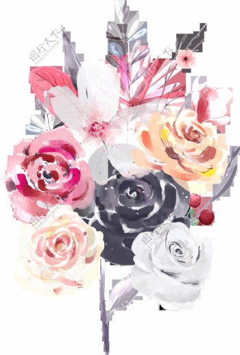 手绘一束多种颜色花朵PNG透明素材