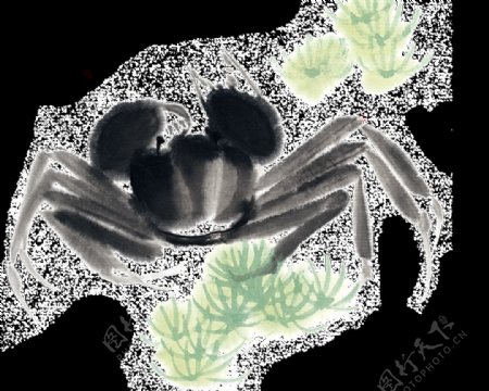 水墨画螃蟹透明装饰素材