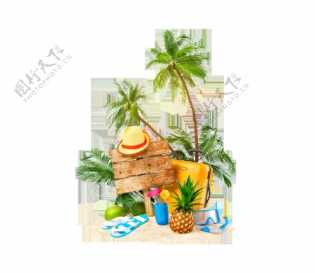 卡通椰子树海滩旅游png元素