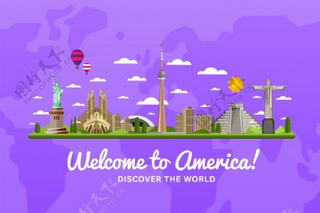 紫色背景欢迎来美国旅行矢量素材
