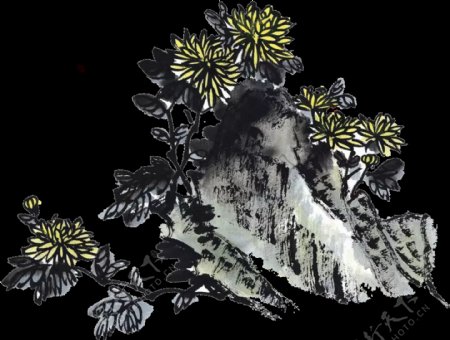 沉稳深色山水画手绘菊花装饰元素