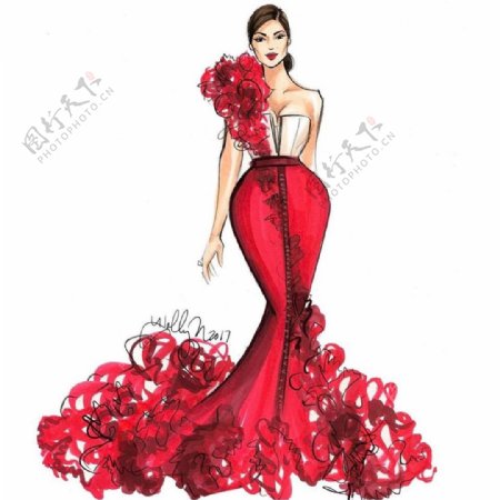 红色单肩长裙礼服设计图