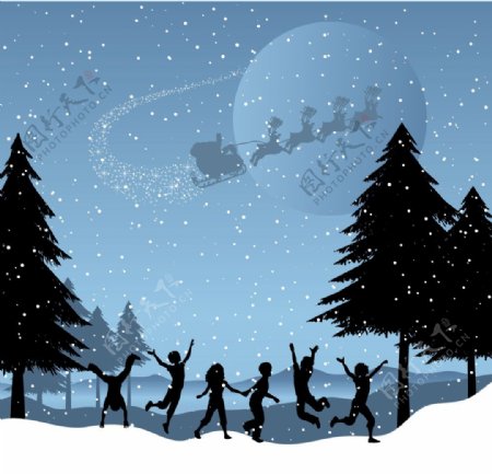 手绘圣诞儿童和雪景