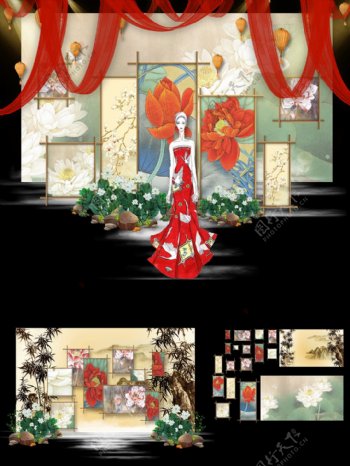 新中式古典风格红色绸缎婚礼效果图设计