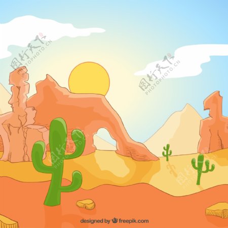 彩绘沙漠戈壁和仙人掌风景