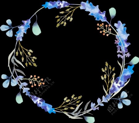 古风气质蓝色花瓣手绘花环装饰元素