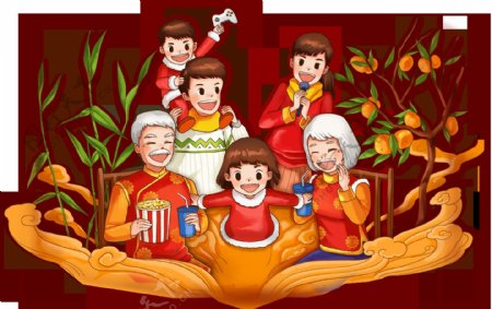 卡通全家喜迎中国年png元素