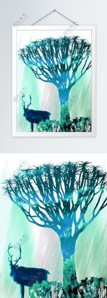 简约蓝色扇形树客厅装饰画
