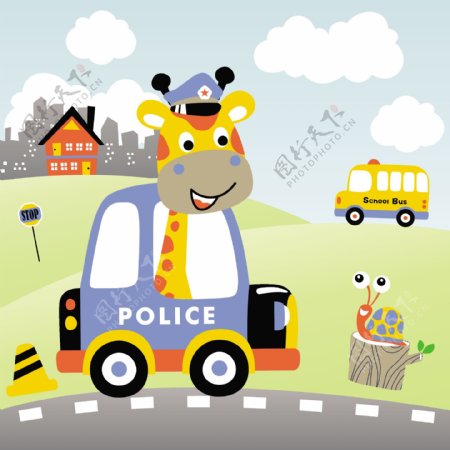 长颈鹿当警察可爱动漫图