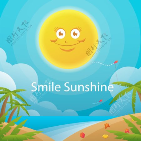 创意微笑太阳和沙滩矢量素材