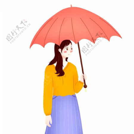 手绘卡通撑着红雨伞的长发美女原创元素