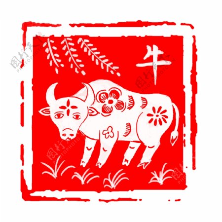 中国风红色古典生肖牛印章边框元素