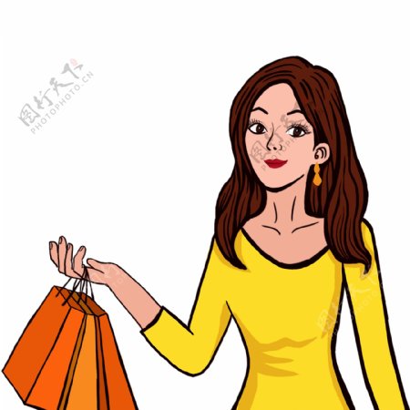 卡通时尚女生拿着购物袋原创元素