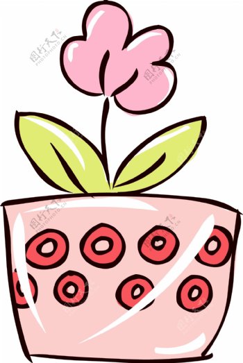 手绘花简笔画风格可爱卡通粉红色小盆栽