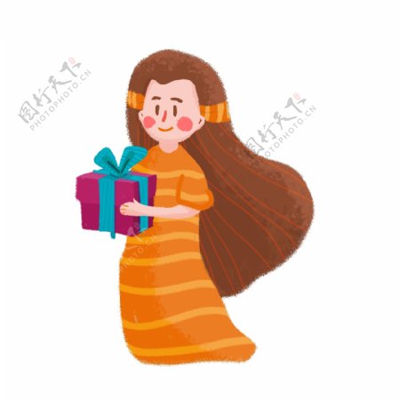 彩绘拿着礼物盒的女孩可商用元素