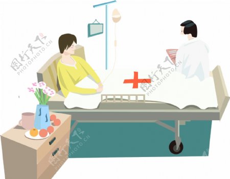 手绘卡通医院病房中的医生查房病床上的病人可商用元素