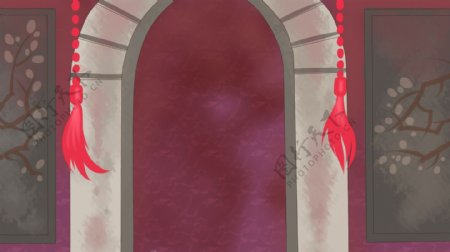 一扇石拱门洞红色流苏装饰背景