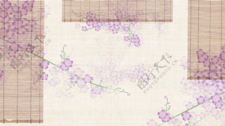 古典竹卷帘紫色清雅花枝背景