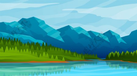 早晨的山水风景手绘背景设计