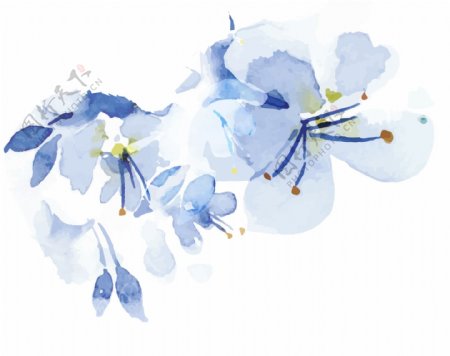 蓝色手绘水彩花朵元素