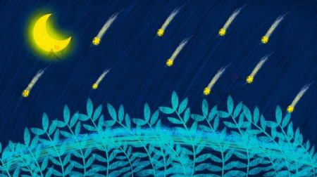 蓝色夜晚星空卡通流星雨月亮背景设计