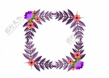 卡通热带叶子紫色花朵方框png元素
