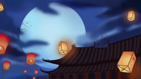 传统中元节鬼节圆月孔明灯背景素材