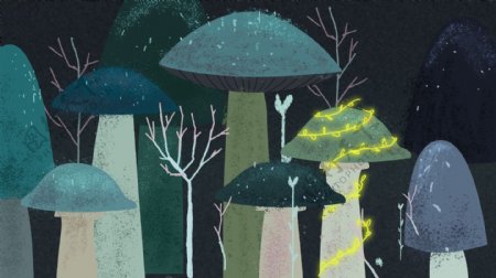 彩绘蘑菇林banner背景素材