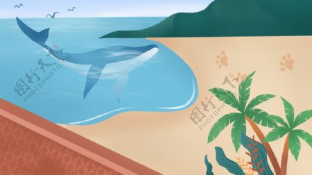 夏日海滩海豚椰树旅行背景