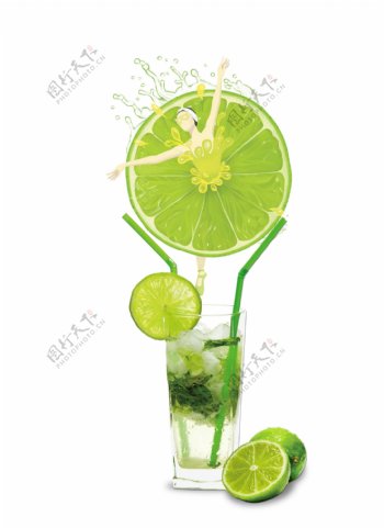 绿色清新夏季柠檬冷饮果汁插画元素