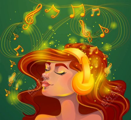 金色耳机听音乐的女子